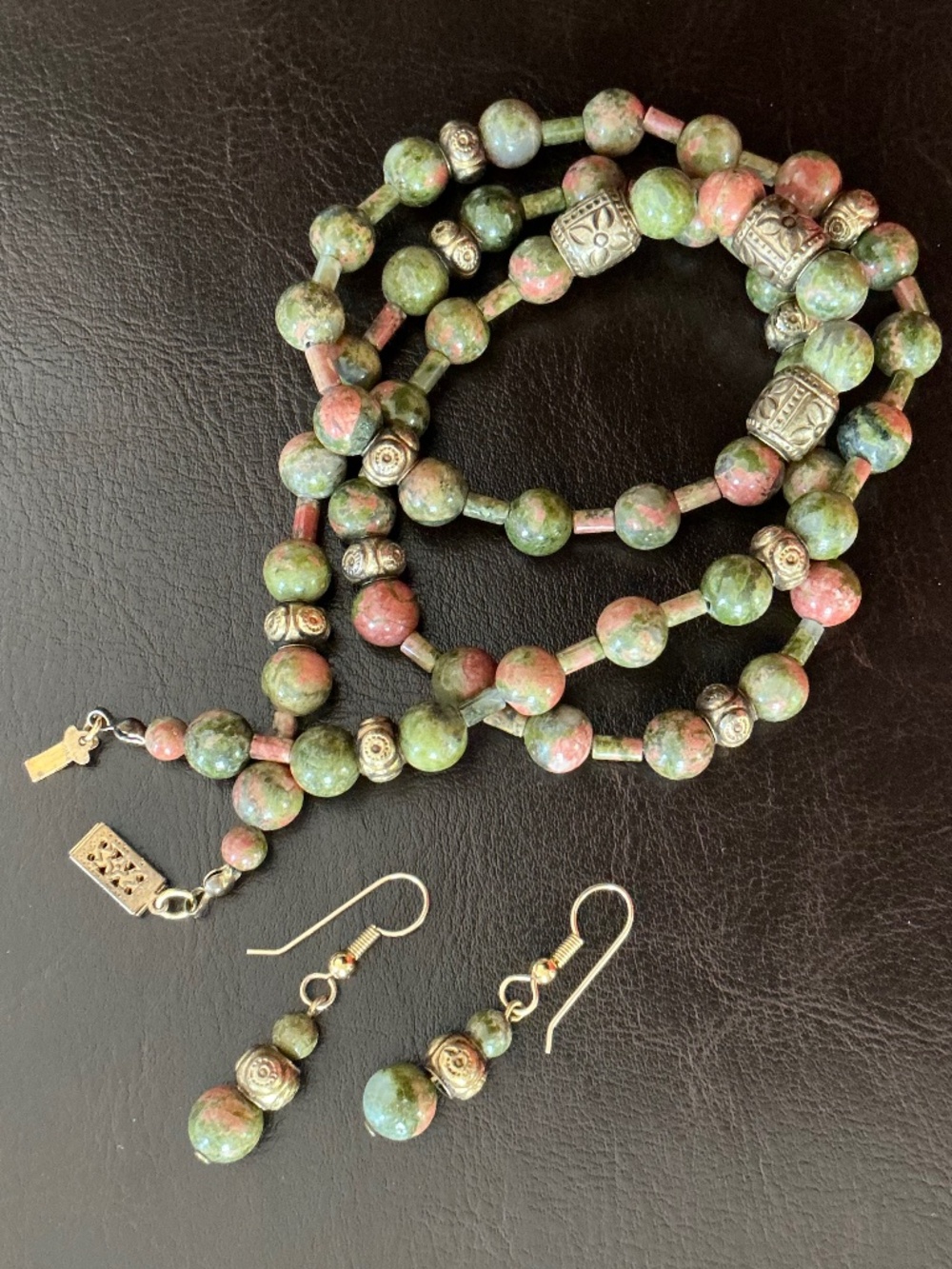 Vintage Unakite Natural Polished Bead Necklace & Earring Set Marbled Stones EUC - Picture 1 of 16
